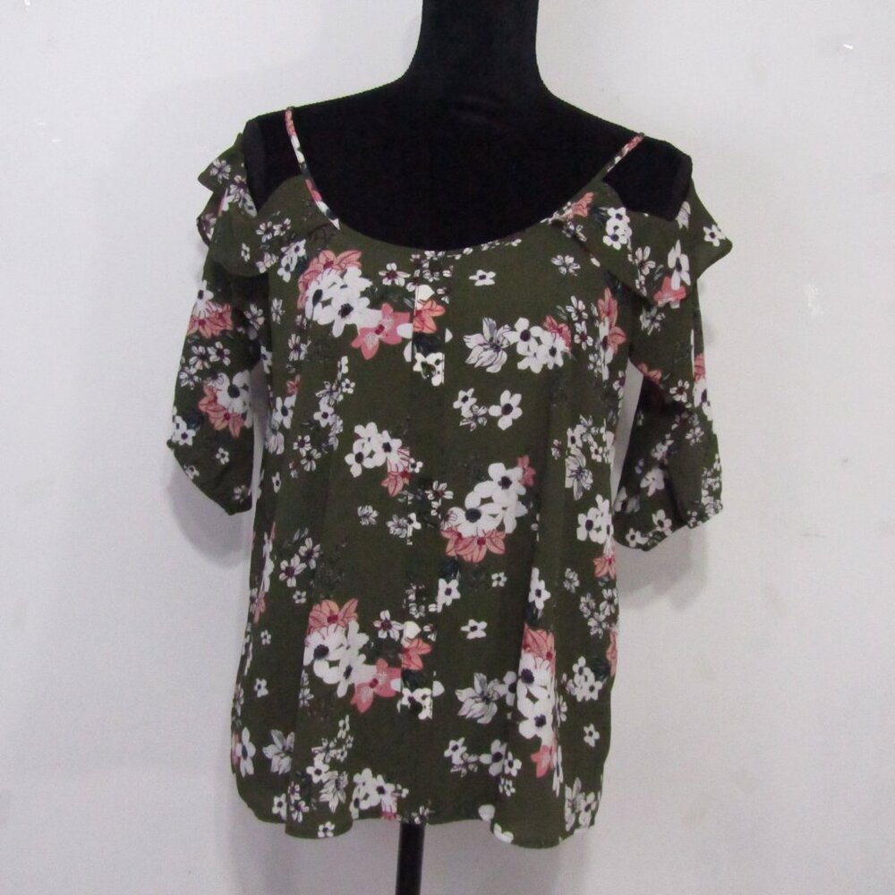 Hippie Rose size L womens blouse  cold shoulder olive green floral Pre own